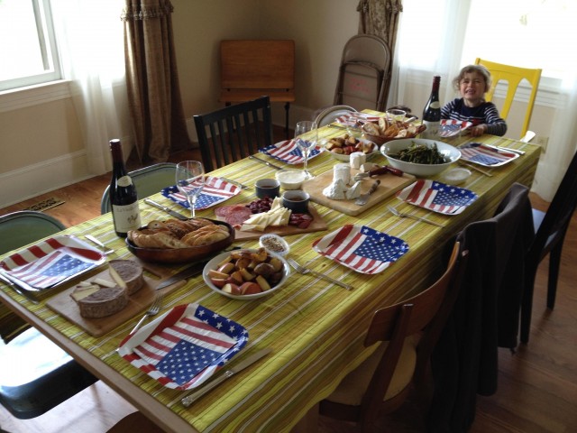 Our little patriot is ready for her Memorial Day mac and cheese!