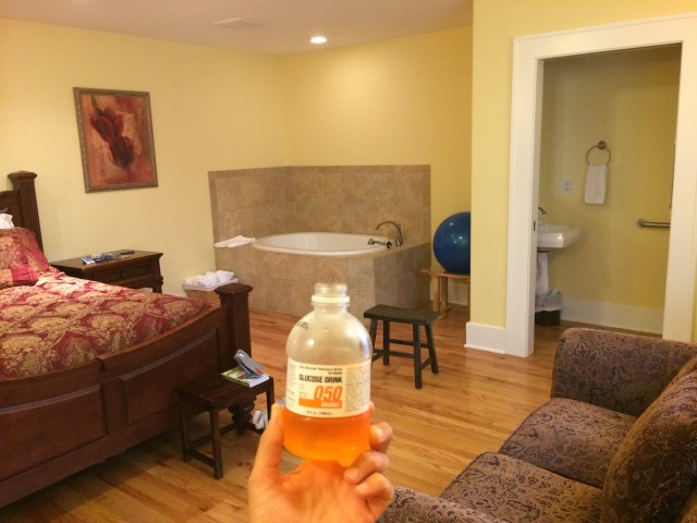 Glucose screening in one of the birthing rooms at our birth center. Bottoms up! (funny for all scenarios!)